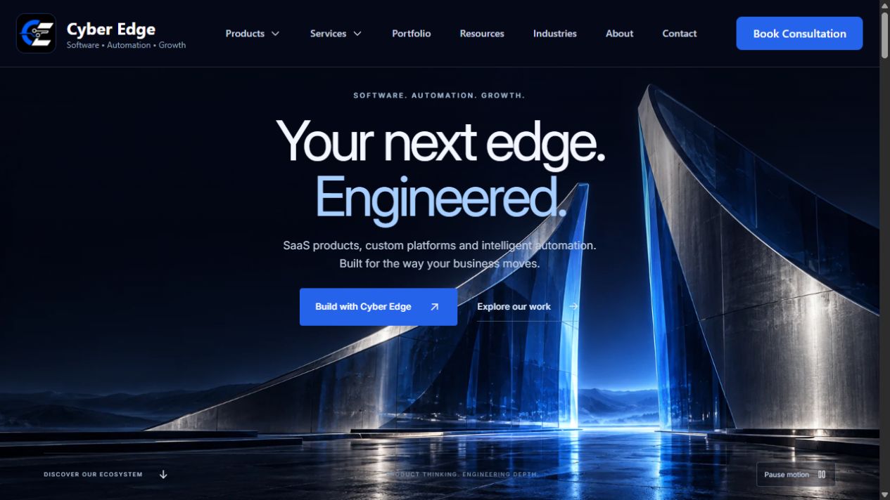 Cyber Edge live homepage with service navigation and project inquiry links